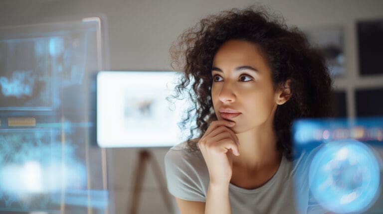 Focused woman interacting with transparent screens, guiding agentic AI systems through real-time data in a modern workspace.